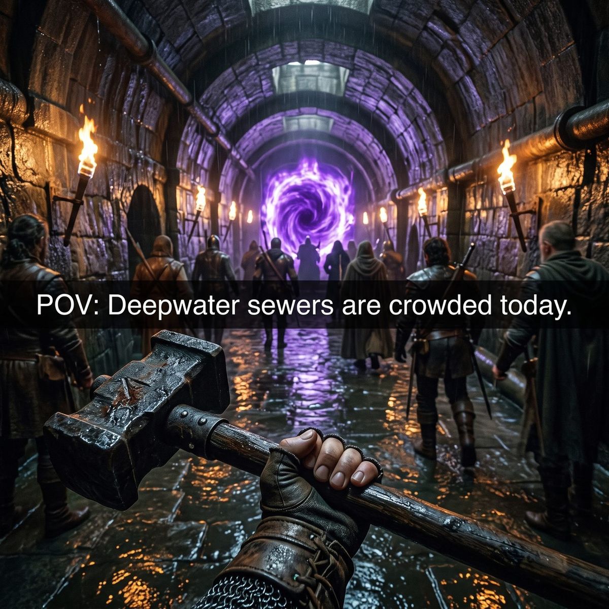 First-person POV in Deepwater sewers, warhammer in hand, purple portal ahead